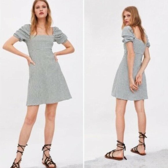 Zara Dresses Zara Milkmaid Plaid Square Neck Puff Sleeve Dress